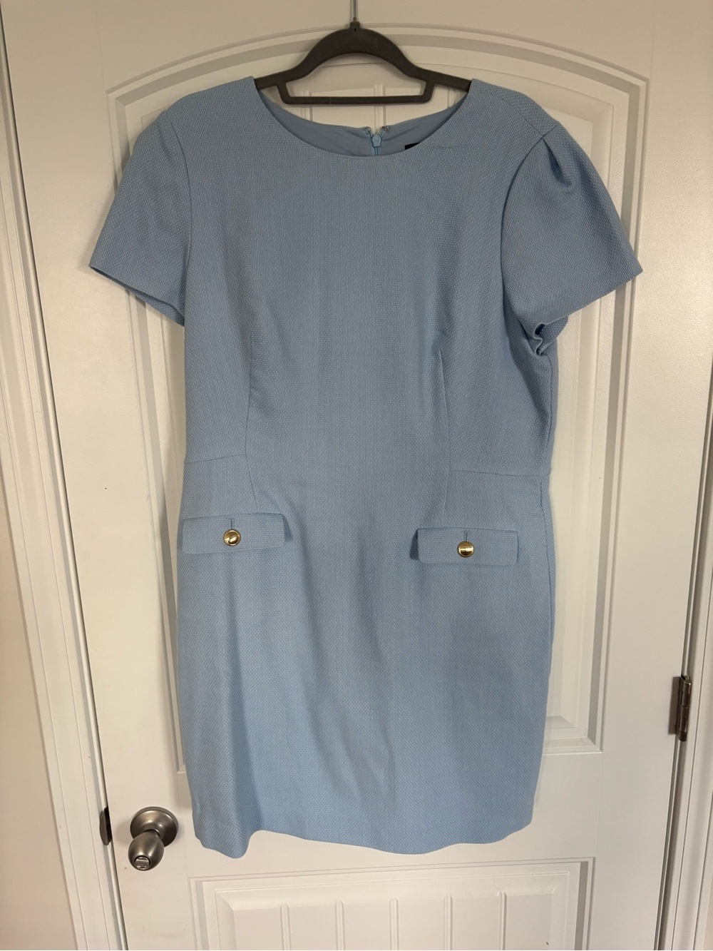 Ann Taylor Pale Blue Short Sleeve Shift Dress with Gold Buttons